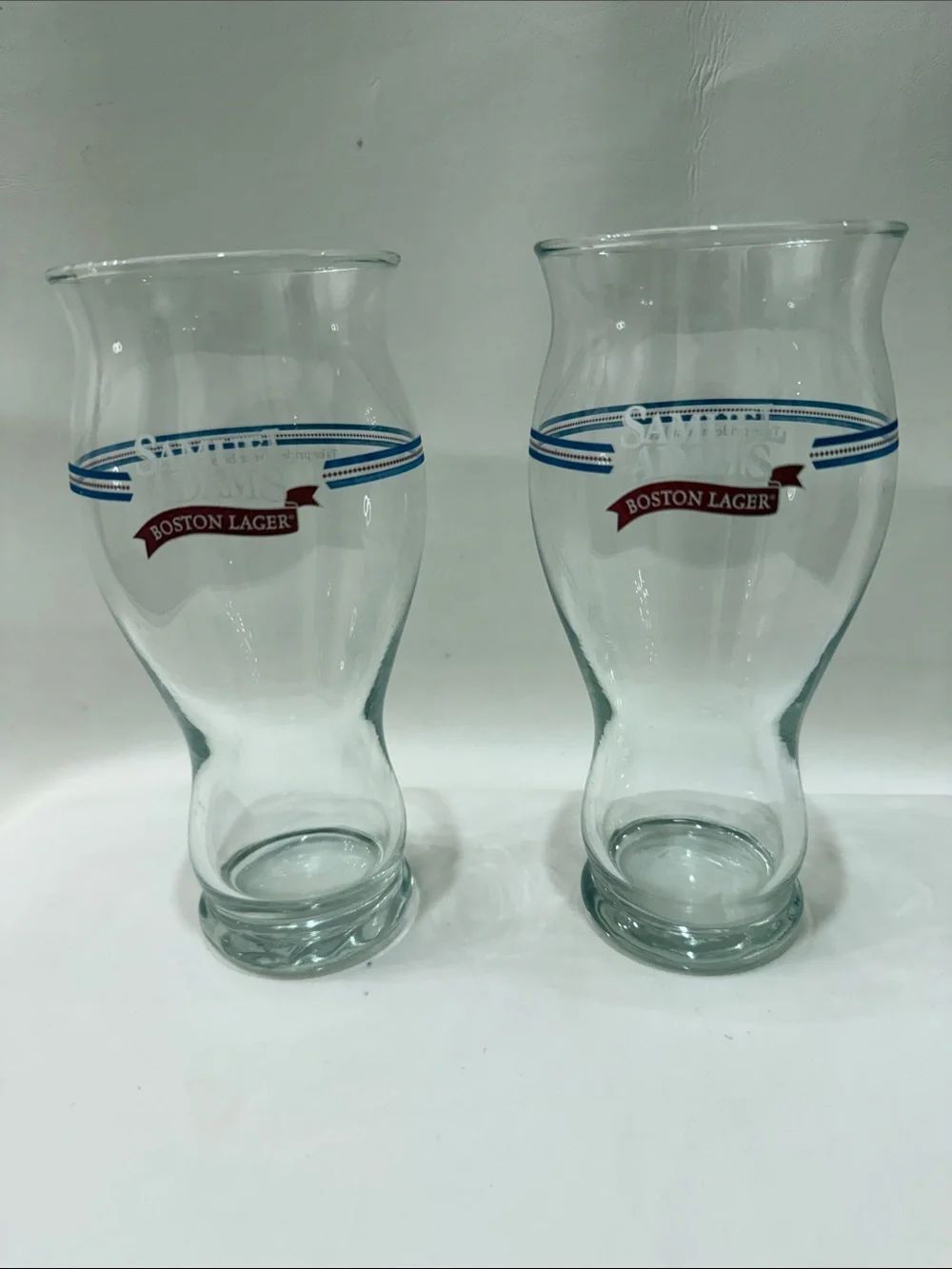 Sam Adams Boston Lager 2 Clear Glasses Beer Bar Draft Draught Blue & Red 24 Oz